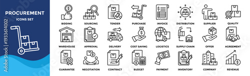 Procurement icon set collection. an icon pack contain purchase, supplier, contract, sourcing, invoice, tender, bidding, negotiation, supply chain, delivery, logistics, inventory