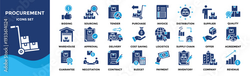 Procurement icon set collection. an icon pack contain purchase, supplier, contract, sourcing, invoice, tender, bidding, negotiation, supply chain, delivery, logistics, inventory