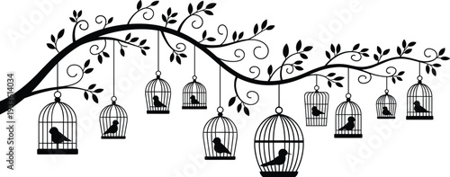 Decorative tree branch with hanging bird cages silhouette illustration, vintage black floral wall decal design isolated on white background for home decor
