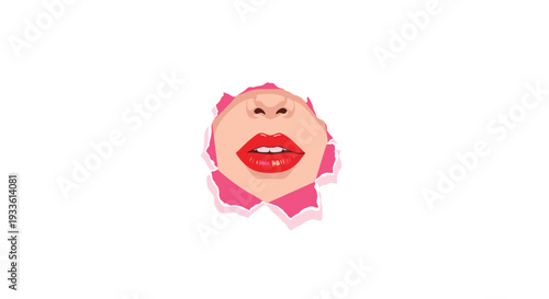 A detailed illustration of a woman's vibrant red, slightly parted lips and nose emerging from a torn, dark pink paper opening on a white background.