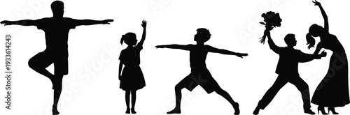 Family Fitness and Dance Silhouettes Collection, Parents and Children Exercising and Celebrating Together Isolated on White Background, Black and White Illustration Set
