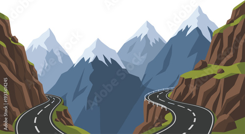 A flat illustration portrays a winding mountain road curving through a rugged valley with steep cliffs and distant peaks.
