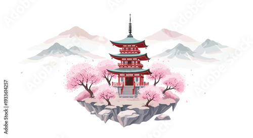 A serene illustration portrays a traditional Japanese pagoda surrounded by pink cherry blossoms on a floating rocky island.
