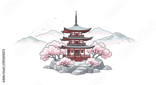 A tranquil illustration presents a traditional Japanese pagoda nestled among blooming cherry blossom trees on a rocky formation.