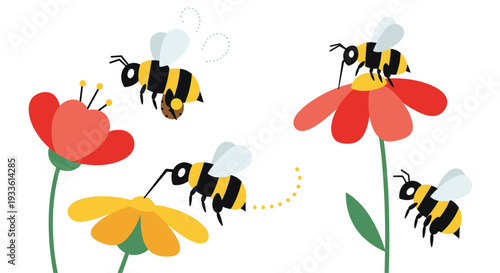 A cheerful flat illustration portrays five busy bees actively pollinating various colorful flowers with a white background.