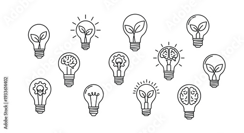A diverse collection of line art lightbulbs, some containing leaves, brains, or gears, are neatly arranged across a clean white background.