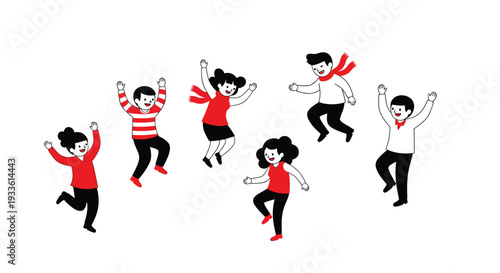 Seven cheerful cartoon characters, including children and young adults, are actively jumping and playing together on a bright, uncluttered white background.
