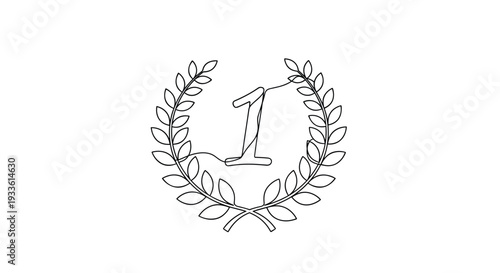 A continuous black line drawing depicts a laurel wreath encircling the number one on a pristine white background.