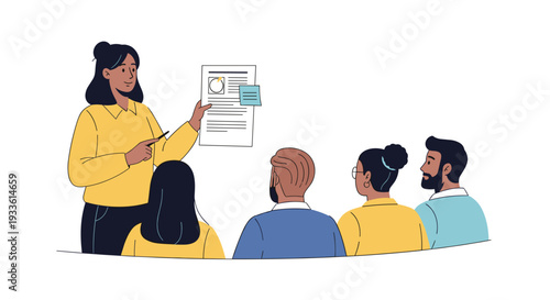 A female presenter in a yellow sweater holds a document with charts and sticky notes, addressing four individuals seated.