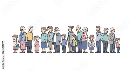 A long line of diverse individuals, including children, adults, and elderly people, stands facing right on a white background.
