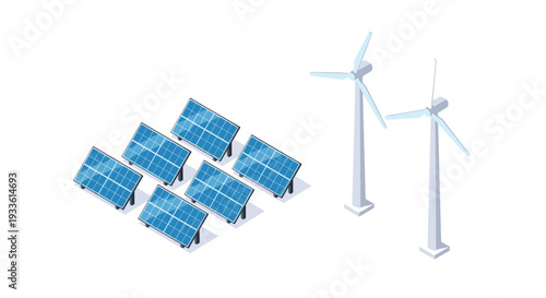 Two blue wind turbines and a cluster of six blue solar panels are arranged on a white background in an isometric view.