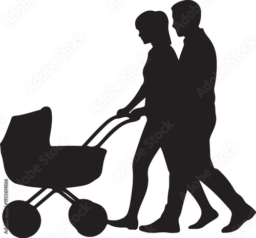 Black silhouette of couple walking with baby stroller