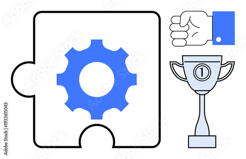 Business process concept. Gear puzzle piece, trophy, and hand gesture teamwork, achievement, and efficiency. Business process supports strategy, planning and workflow. Ideal for corporate systems