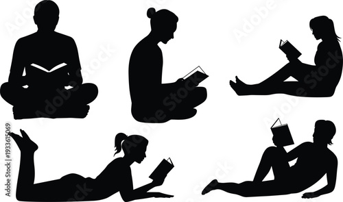 People Reading Books Silhouettes Collection, Men and Women in Different Reading Poses Isolated on White Background, Black and White Education Illustration Set