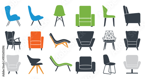A collection of various colorful chairs on a white background