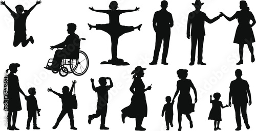 Collection of Family and Children Silhouettes in Various Poses, Black Vector Set of Parents, Kids and Disabled Person Isolated on White Background