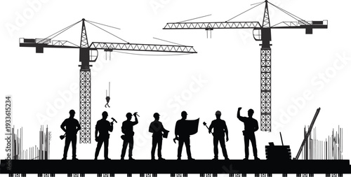 Construction Workers Silhouettes with Tower Cranes, Black Vector Illustration of Builders Team at Industrial Building Site Isolated on White Background