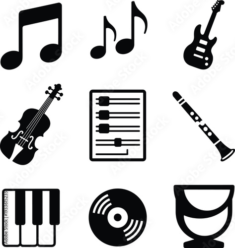 Black Icons of Musical Instruments and Symbols on White Background Keywords: music, icon, symbol, note, musical note, guitar