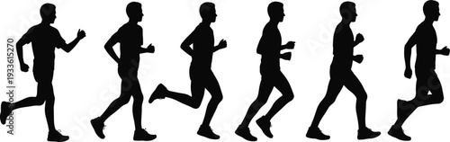 Running man silhouettes sequence illustration isolated on white background, male jogger side view motion set, fitness training and marathon sport concept design
