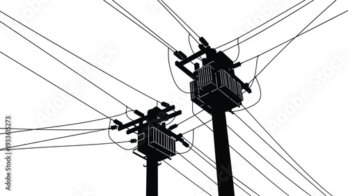 Black Silhouette of Two Electrical Transformer Poles with Tangled Wires electricity power
