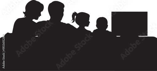 Black silhouette of family sitting at table with computer
