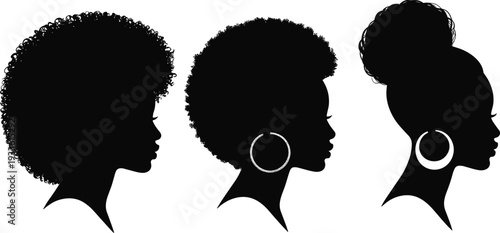 African Woman Profile Silhouettes with Natural Afro Hairstyles, Black Vector Collection of Female Heads with Curly Hair Isolated on White Background