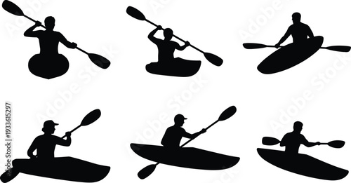 Black silhouettes of people kayaking in different positions on white background Keywords: silhouette, kayaking, kayak, canoe