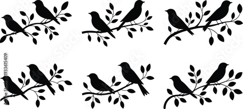 Set of Bird Silhouettes on Tree Branches with Leaves, Black Vector Collection of Perched Songbirds Isolated on White Background Decorative Nature Illustration