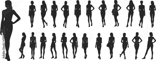Collection of female fashion silhouettes in various poses and styles Keywords: female, woman, silhouette, fashion, style, pose