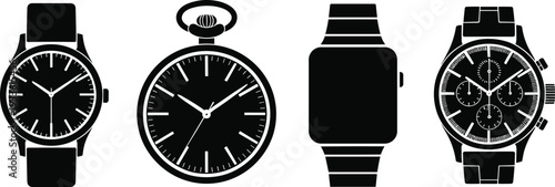 Wristwatch and Pocket Watch Silhouette Icon Set, Black Vector Illustration of Classic and Modern Timepieces Isolated on White Background