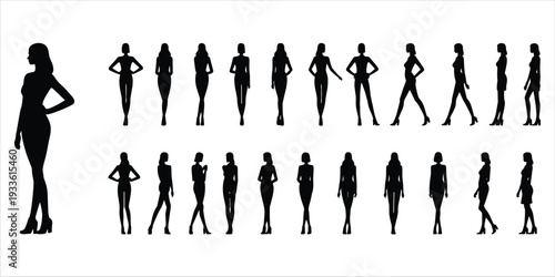 Collection Of Female Silhouettes In Various Fashion Poses And Outfits woman model