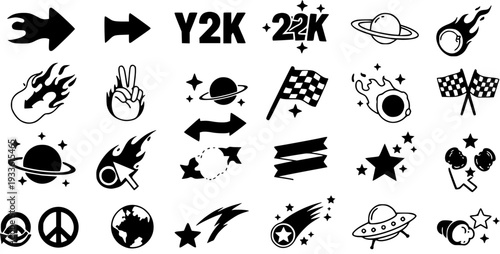 Y2K Sticker Set: Vector Black and White Graphic Elements - Retro Style, Planets, Stars, Arrows, and Space Themes