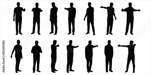Collection of Male Silhouettes in Various Poses and Gestures on White Background Keywords: male, silhouette, man, person