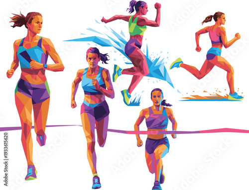 Dynamic Geometric Style Female Runners Crossing Finish Line In Motion running woman