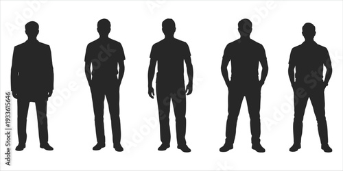 Five male silhouettes in diverse outfits standing in a row on a white background person people