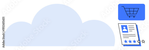 Cloud framework connecting online shopping cart and customer rating document. Ideal for e-commerce, remote management, user feedback, digital services, data storage, innovation, simple flat metaphor