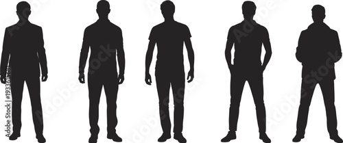 Five male silhouettes in various casual and formal attire standing against a white background person
