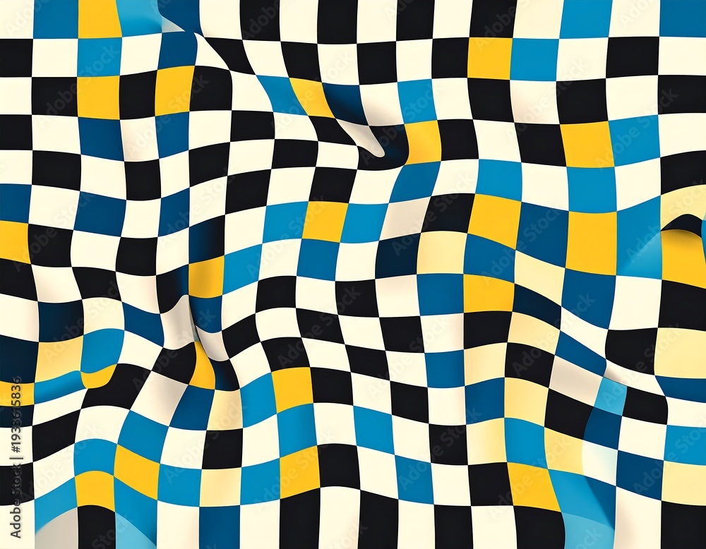 Obraz premium Abstract checkered pattern in shades of black, blue, and yellow, giving a warped, wavy impression of a textile
