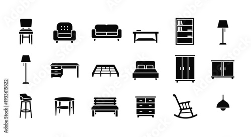A collection of black furniture icons on a white background for design and decoration purposes