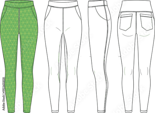Four views of green geometric patterned leggings with pockets and stitching details pants trousers