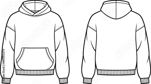 Front and back view of a blank white hooded sweatshirt with a kangaroo pocket hoodie apparel