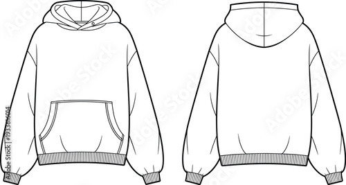 Front and back view of a blank white oversized hooded sweatshirt with a kangaroo pocket hoodie apparel