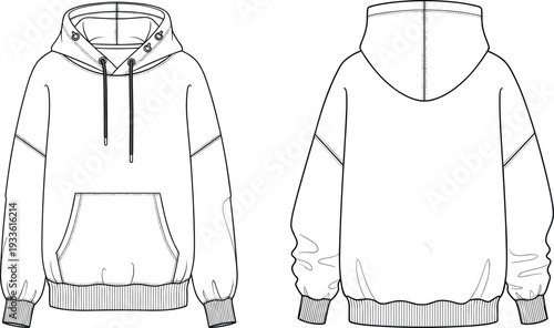 Blank hoodie sweatshirt vector template, front and back view detailed line art illustration isolated on white background