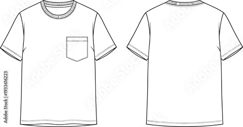 Blank pocket t shirt vector template, front and back view detailed line art illustration isolated on white background