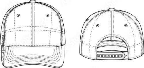 Classic baseball cap vector outline, front and back view line art illustration isolated on white background for mockup design