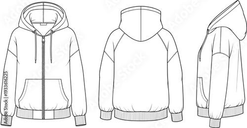 Blank raglan zip hoodie vector template, front back and side view detailed line art illustration isolated on white background