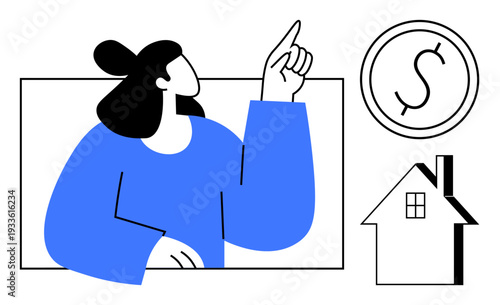 Finance, budgeting, real estate, homeownership, savings, economic strategy. Woman pointing upwards, dollar symbol house icon. Finance and real estate concepts visually