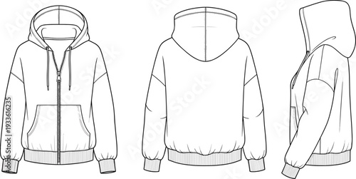 Blank zip up hoodie vector template, front back and side view detailed line art illustration isolated on white background