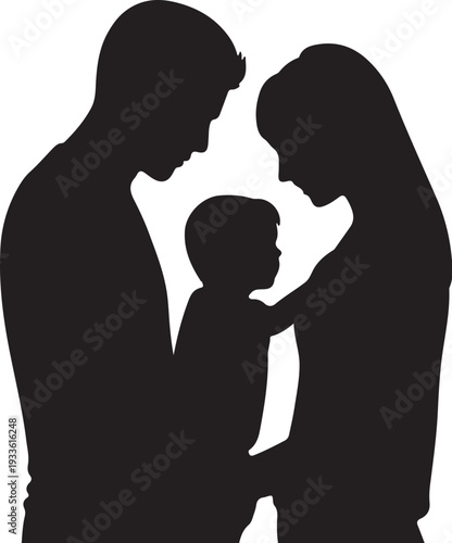 Black silhouette of family with parents and child white background