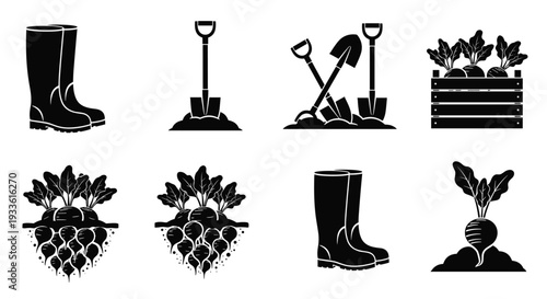 A collection of black and white icons depicting gardening tools and plants